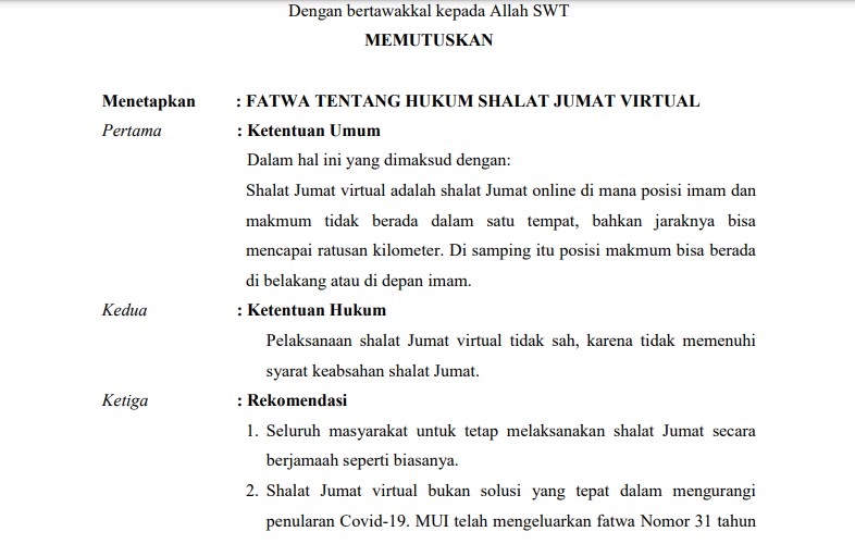 TANGGAPI WAKIL MENTERI, MUI JATIM NYATAKAN SALAT BERJAMAAH SECARA VIRTUAL TIDAK SAH