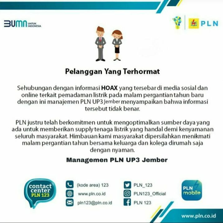 PLN JEMBER BANTAH KABAR BOHONG TENTANG PEMADAMAN SERENTAK MALAM TAHUN BARU