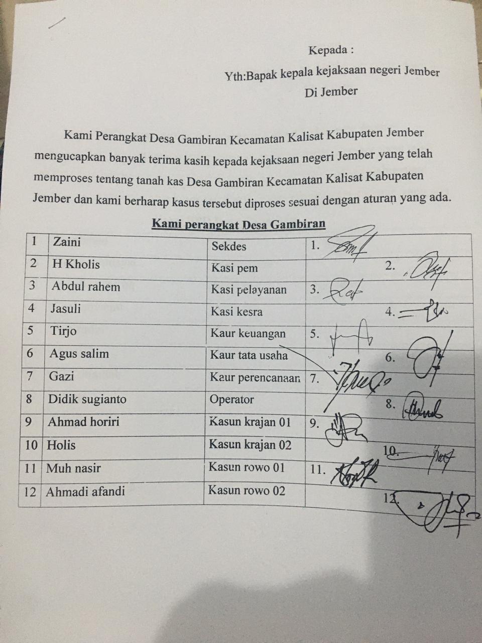 WARGA DAN PERANGKAT DESA GAMBIRAN DESAK KEJARI JEMBER USUT TUNTAS KASUS KORUPSI TKD