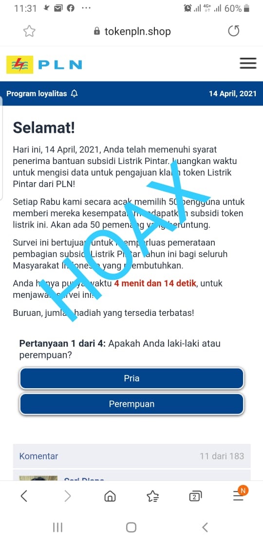 HOAX, SUBSIDI LISTRIK DENGAN KLAIM TOKEN YANG MENGATASNAMAKAN PLN