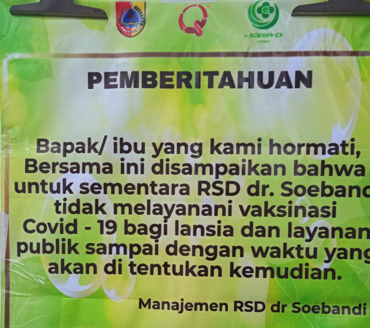 RSD SOEBANDI SEMENTARA TAK LAYANI VAKSINASI COVID-19, MASYARAKAT BISA VAKSIN DOSIS KEDUA DI FASKES LAIN